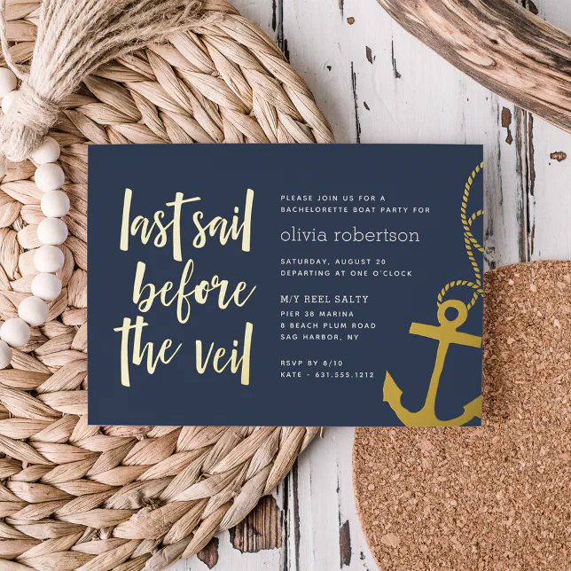 Last Sail Before the Veil Boat Bachelorette Party Foil Invitation | Zazzle