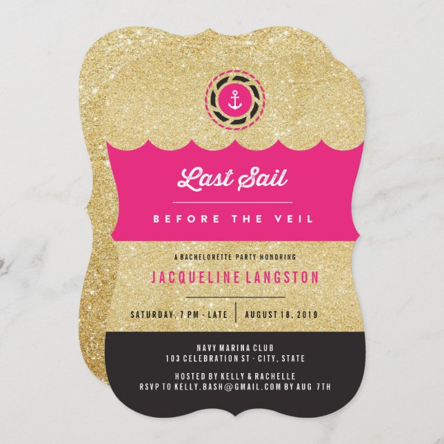 Last Sail Before The Veil Glam Bachelorette Party Invitation (Front/Back)