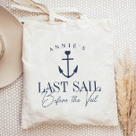 Last Sail Before the Veil Nautical Bachelorette Tote Bag<br><div class="desc">Welcome guests to your nautical or boating bachelorette party with these cute personalized tote bags. Design features a navy blue ship's illustration topped by a small heart, with two lines of custom text beneath; shown with "Last Sail Before the Veil." Add the bride's name curved across the top. Colors can...</div>