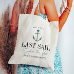 Last Sail Before the Veil Nautical Bachelorette Tote Bag<br><div class="desc">Welcome guests to your nautical or boating bachelorette party with these cute personalized tote bags. Design features a blue ship's illustration topped by a small heart, with two lines of custom text beneath; shown with "Last Sail Before the Veil." Add your event name along the bottom, and the year curved...</div>