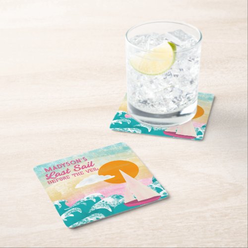 Last Sail Before the Veil Sailboat and Sunset Square Paper Coaster