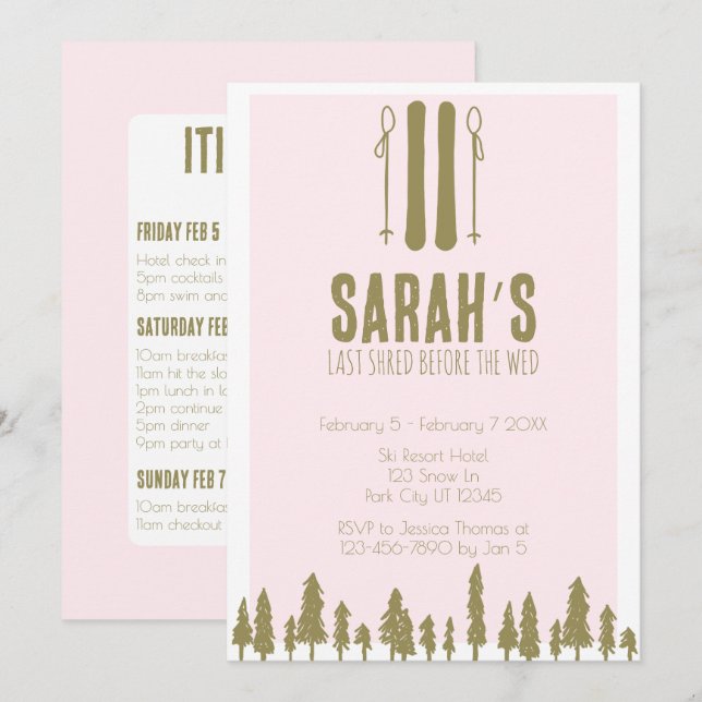 Last Shred Skiing Winter Bachelorette Party  Invitation (Front/Back)