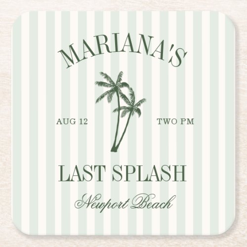 Last Splash Beach Palms Bachelorette Square Paper Coaster