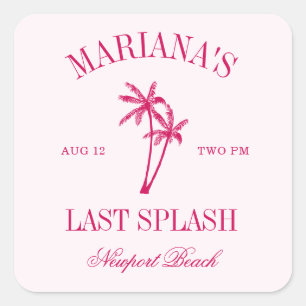 Last Splash Beach Palms Hot Pink Bachelorette Square Sticker