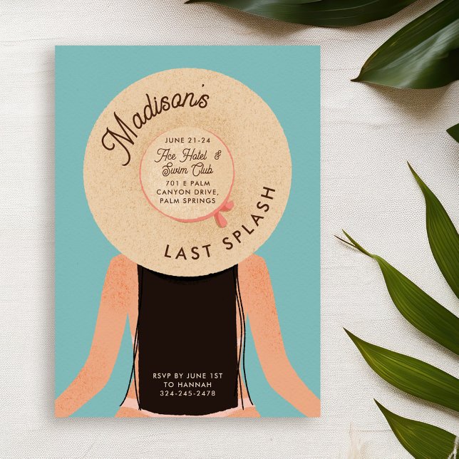 Last Splash Black Hair Bachelorette Pool Party Invitation (black hair and white skin girl wearing a beach hat - bachelorette pool party invitation)