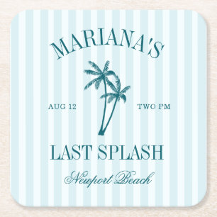 Last Splash Blue Teal Palms Bachelorette Square Paper Coaster