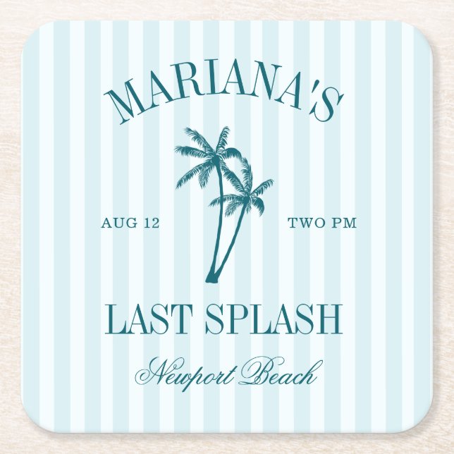Last Splash Blue Teal Palms Bachelorette Square Paper Coaster (Front)