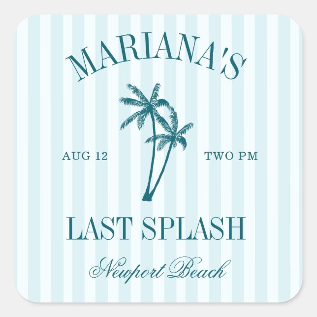 Last Splash Blue Teal Palms Bachelorette Square Sticker (Front)
