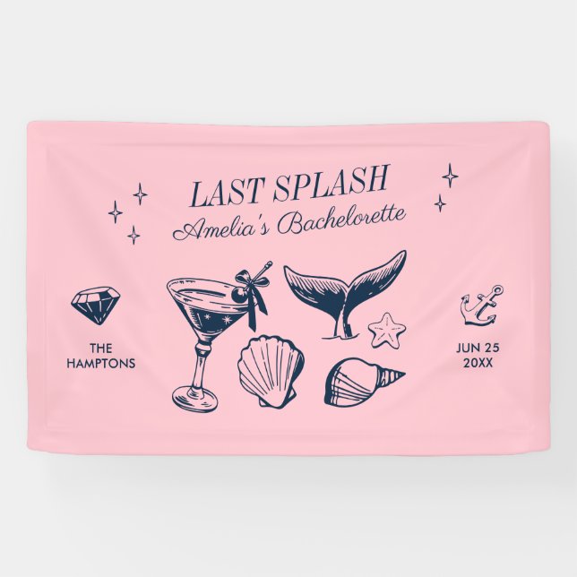 Last Splash Mermaid Pink Beach Bachelorette Party Banner (Horizontal)