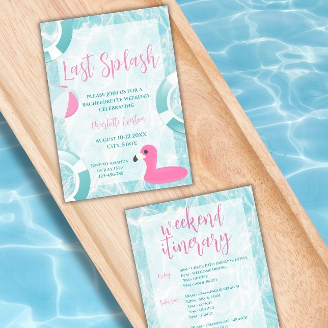Last Splash Pool Bachelorette Weekend Itinerary Invitation (last splash pool bachelorette party invitation weekend itinerary)