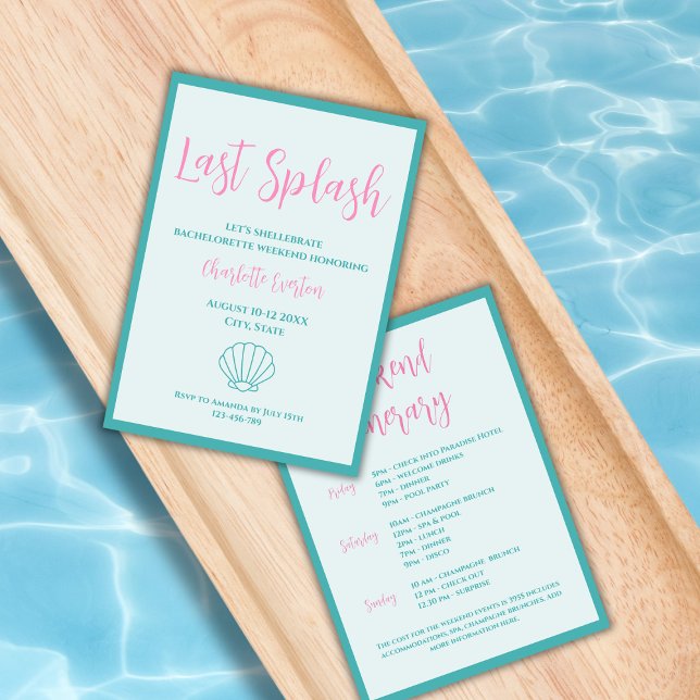 Last Splash Shell Bachelorette Weekend Itinerary Invitation (last splash pool bachelorette party invitation shell weekend itinerary)