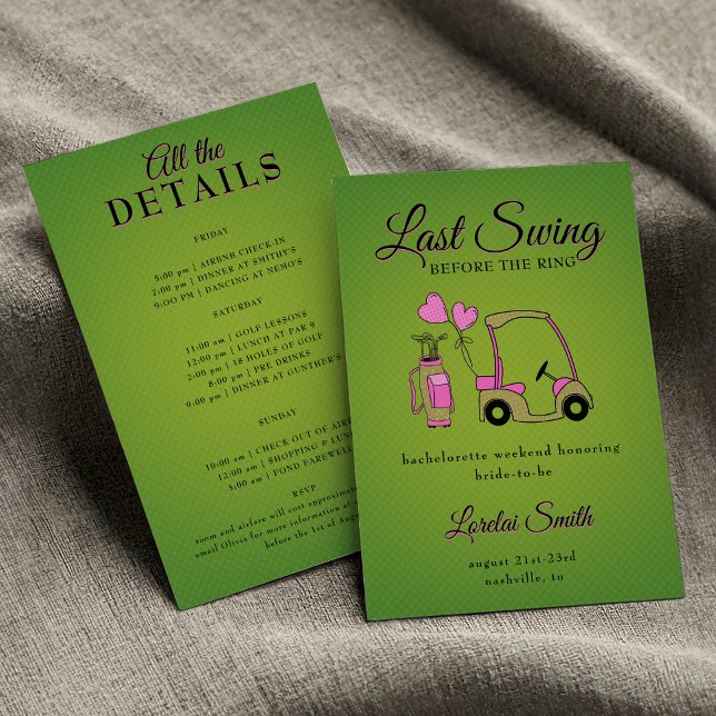 Last Swing Before the Ring Golf Bachelorette Party Invitation ( Last Swing Before the Ring! Pink & Green Golf-Themed Bachelorette Weekend Invitation)