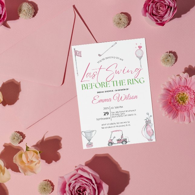 Last Swing Before the Ring Pink Golf Bridal Shower Invitation (last swing before the ring, golf bridal shower invitation, pink, country club  party invite, sporty )