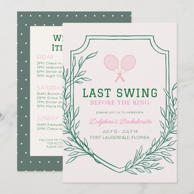 Last Swing Before the Ring Tennis Bachelorette Invitation (Front/Back)