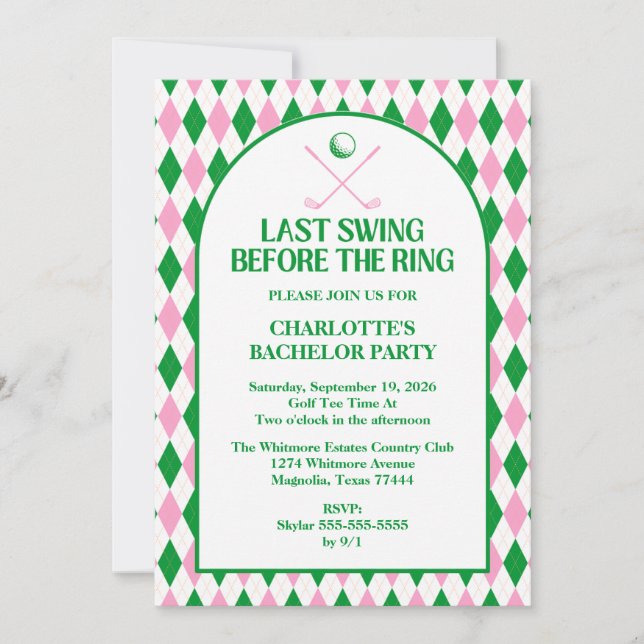 Last Swing Golf Bachelorette Pink Green Invitation (Front)