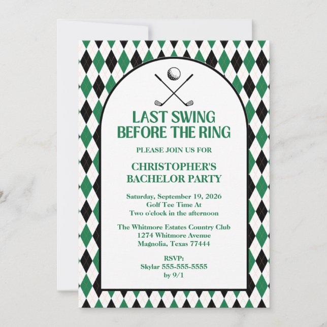 Last Swing Golf Country Club Bachelor Black Green Invitation (Front)