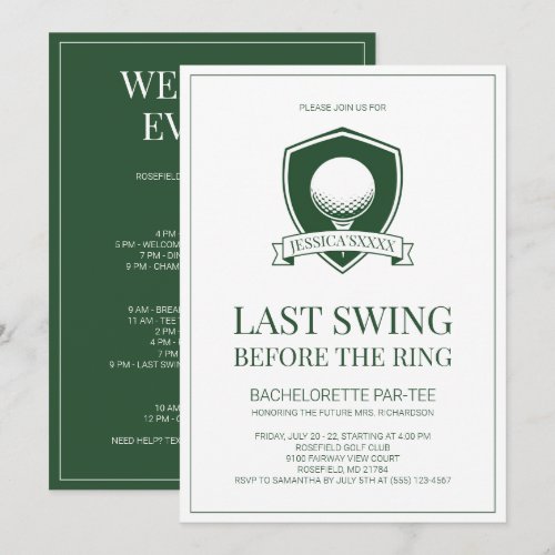 Last Swing Green and White Golf Bachelorette Party Invitation