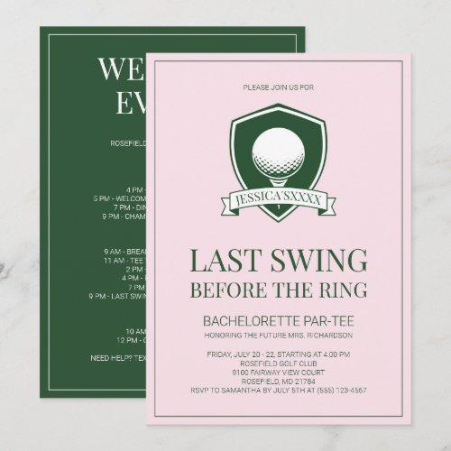 Last Swing Pink and Green Golf Bachelorette Party Invitation