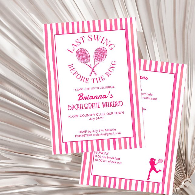 Last swing tennis country club Bachelorette Invitation (Last swing pink tennis country club Bachelorette weekend itinerary Invitation editable template)