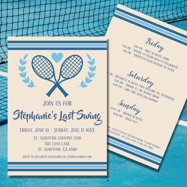 Last Swing Tennis Country Club Bachelorette Invitation (Have a bach weekend filled with cocktails and country clubs with this "Last Swing" invitation)