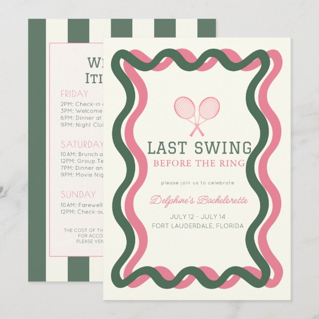 Last Swing Tennis Wavy Frame Bachelorette Weekend Invitation (Front/Back)