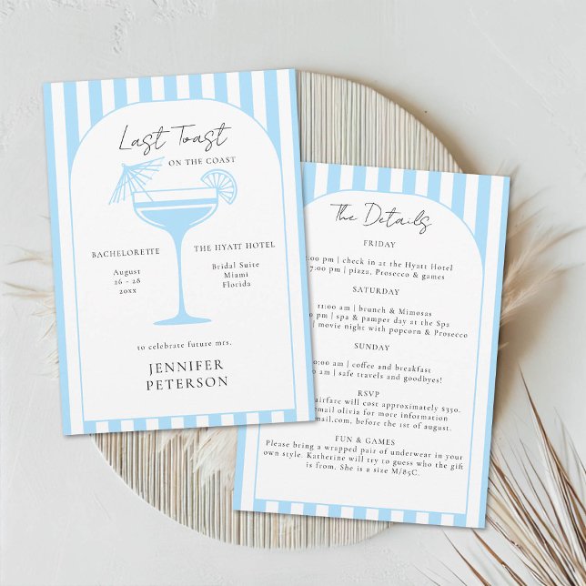 Last Toast Beach Boho Bachelorette Party Itinerary Invitation (beach bachelorette weekend last toast coastal nautical stripes boho arch elegant classy)