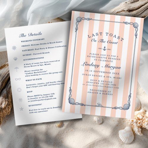 Last Toast on the Coast! Bachelorette Stripe Invitation