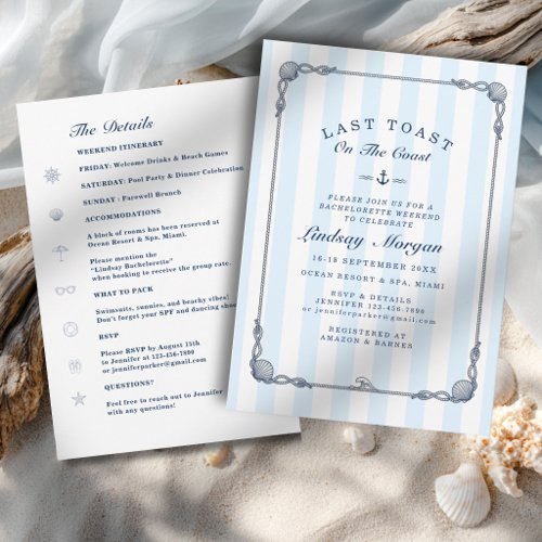 Last Toast on the Coast! Bachelorette Stripe  Invitation