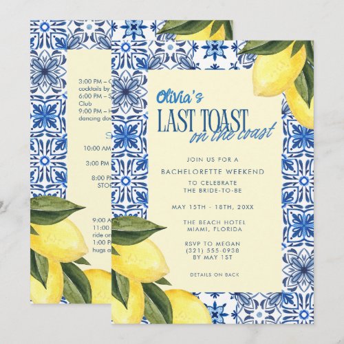 Last Toast on the Coast Bachelorette Weekend  Invitation