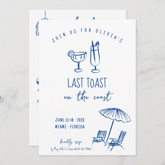 Last toast on the coast bachelorette weekend invitation (Front/Back)