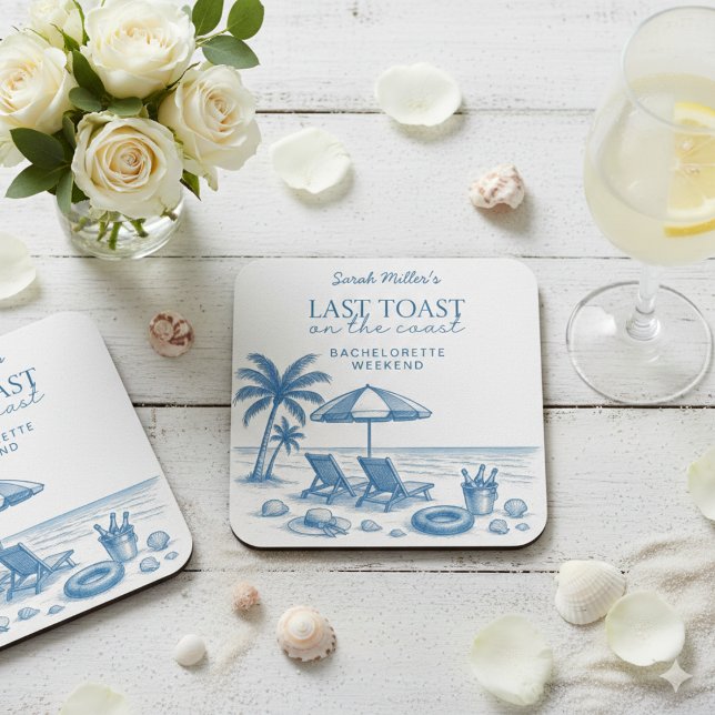 Last Toast on the Coast Beach Bachelorette Party  Square Paper Coaster (Creator Uploaded)