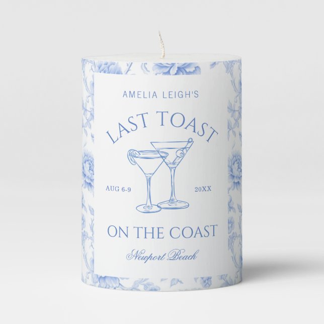 Last Toast on the Coast Beach Blue Bachelorette Pillar Candle (Front)