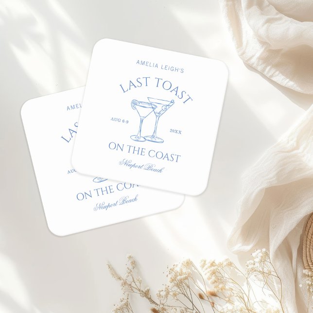 Last Toast on the Coast Beach Blue Bachelorette Square Paper Coaster (Creator Uploaded)