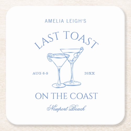 Last Toast on the Coast Beach Blue Bachelorette Square Paper Coaster