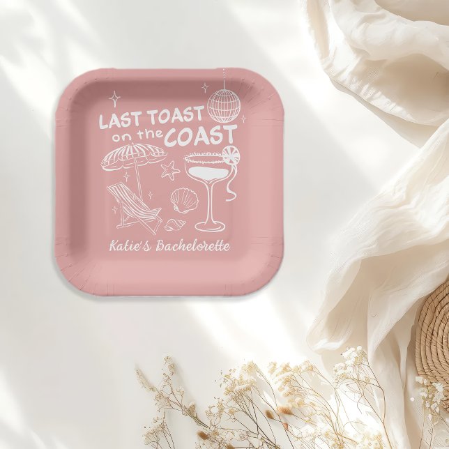 Last Toast on the Coast Beach Pink Bachelorette Paper Plates (Creator Uploaded)