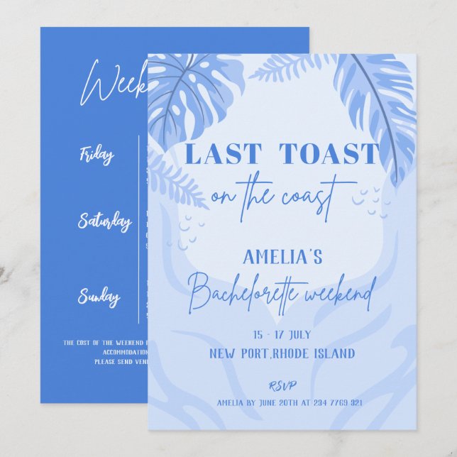 Last toast on the coast Blue Bachelorette party Invitation (Front/Back)