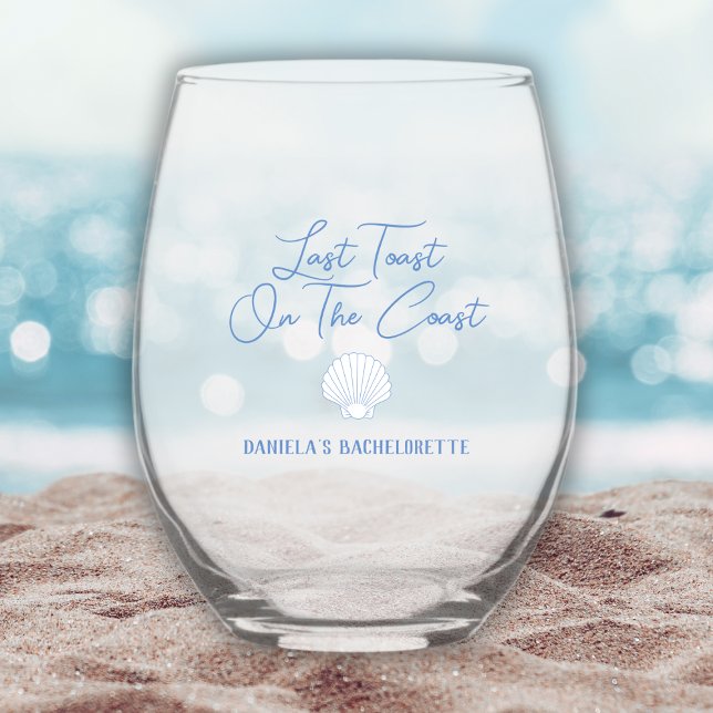 Last Toast On The Coast Personalized Bachelorette Stemless Wine Glass (last toast on the coast beach bachelorette wine glass shell ocean)