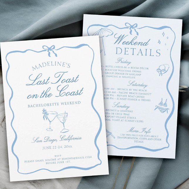 Last Toast on the Coast Script Bachelorette Party Invitation (last toast on the coast bachelorette party itinerary hand drawn script calligraphy elegant blue)
