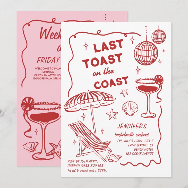 LAST TOAST  RETRO DOODLE BACHELORETTE WEEKEND INVITATION (Front/Back)