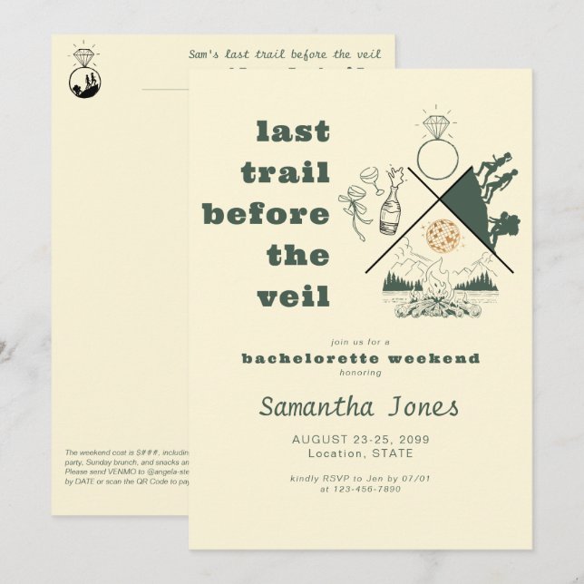Last Trail Before Veil Green Glamping Bachelorette Invitation (Front/Back)