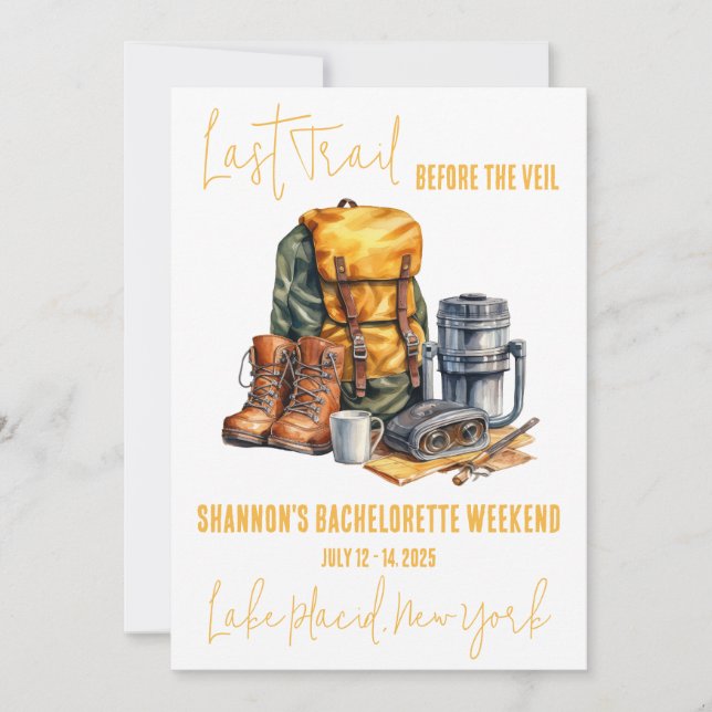 Last Trail, Hiking Bachelorette Weekend Party Invitation (Front)