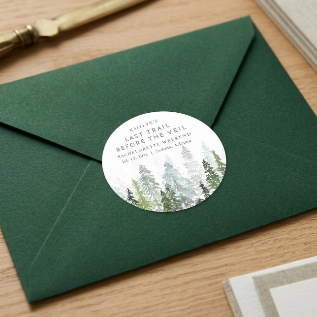 Last Trail Pine Forest Camping Bachelorette Party Classic Round Sticker (Creator Uploaded)