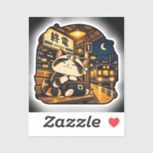 Last Train Cat Sticker | Japanese Station Night Ar
