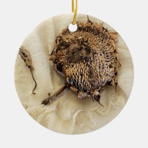 Last Year Old Dried Sunflower Head on Fabric Ceramic Ornament