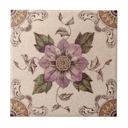 Late 1800s Hand Colored Floral Transferware Repro Ceramic Tile
