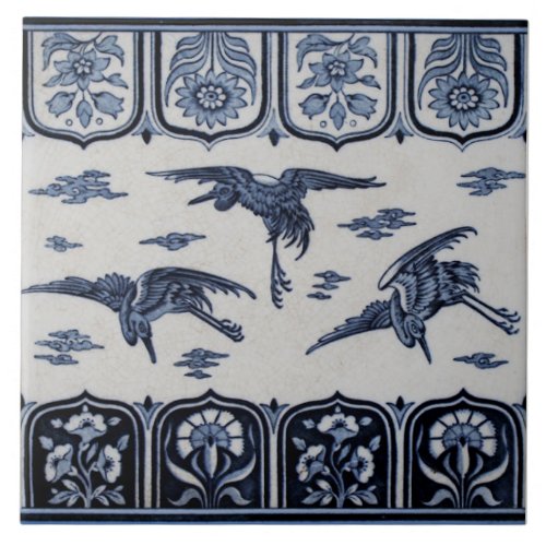 Late 1800s Repro Minton Blue Border Tile 3 Cranes