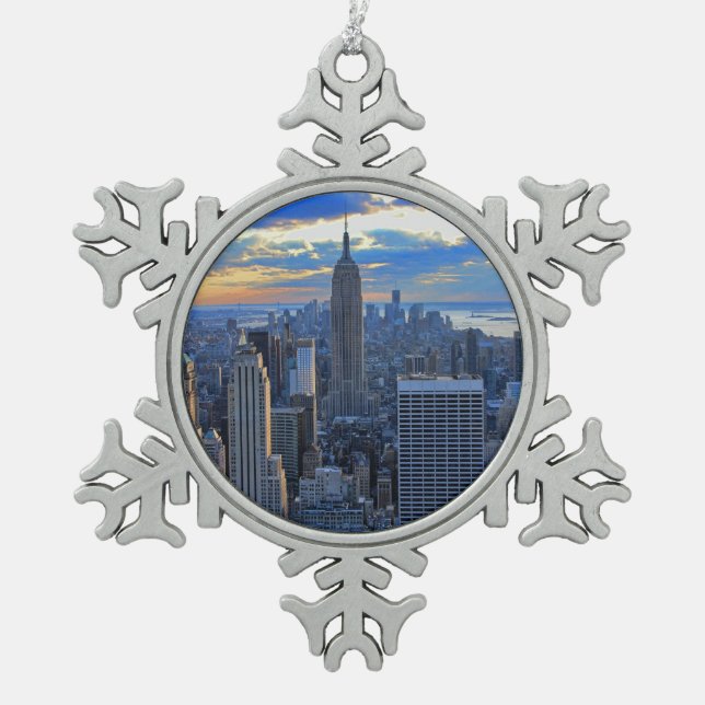 Late afternoon NYC Skyline as sunset approaches Snowflake Pewter Christmas Ornament (Front)