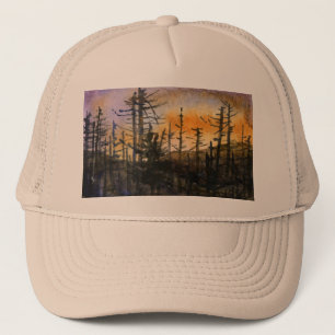 Late fall barren trees on a hill at sunset trucker hat