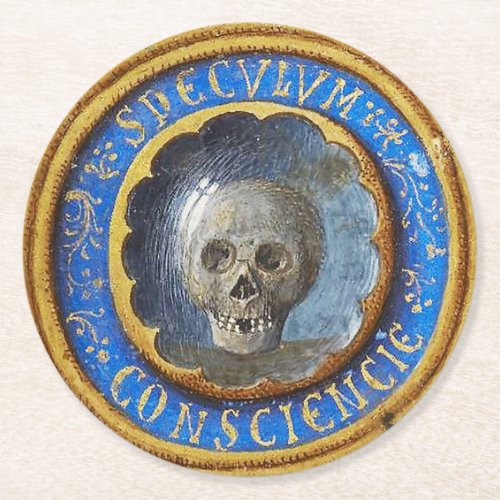 Late Medieval Manuscript Skull  Round Paper Coaster