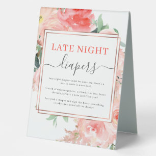 Late Night Diaper Baby Shower Game Peach Floral  Table Tent